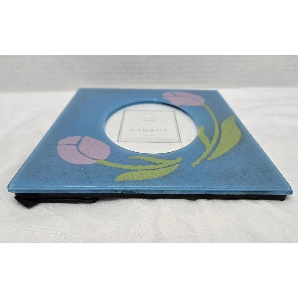 Vintage Sonoma Lifestyle Blue Fused Glass Tulip Picture‎ Frame - 3.5